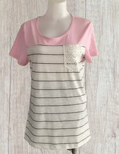 Load image into Gallery viewer, Pink striped tee with crochet pocket
