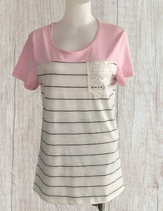 Pink striped tee with crochet pocket