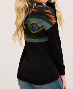 Aztec patterned cowl neck pullover with pockets