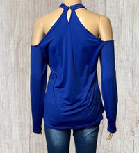 Load image into Gallery viewer, Cold shoulder long sleeve choker style top with criss cross
