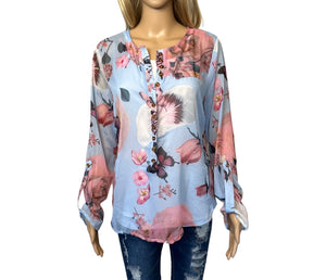 High/low chiffon button up floral blouse