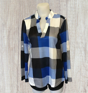 Blue color block plaid v-neck blouse