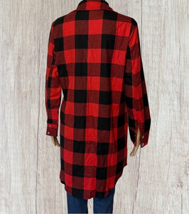 Plaid long shacket with snaps and pockets