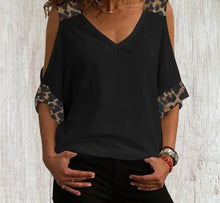 Load image into Gallery viewer, Cold shoulder V-neck tee with leopard print trim
