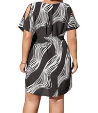 Load image into Gallery viewer, Plus size black/white print cold shoulder dress with belt
