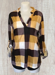 Yellow plaid v-neck long sleeve top