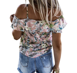 Cold shoulder floral print ruffled lace-up top