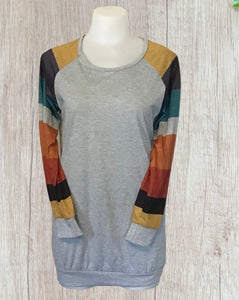 Grey lightweight sweater with multi color sleeves