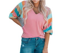 Load image into Gallery viewer, Pink v neck top with multi coloured striped dolman sleeves
