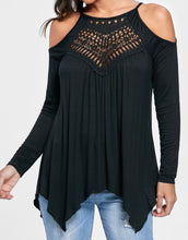 Load image into Gallery viewer, Cold shoulder handkerchief style top with crochet front
