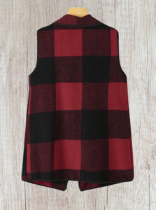 Buffalo plaid open front vest with lapel collar