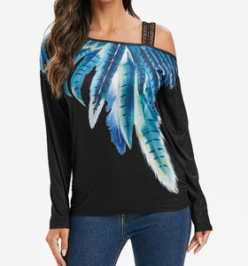 Long sleeve one strap feather print top