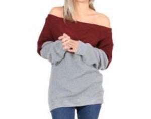 Off shoulder red/grey sweater