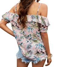 Load image into Gallery viewer, Cold shoulder floral print ruffled lace-up top
