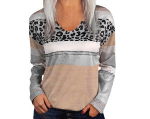 Apricot leopard print color block long sleeve top