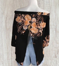 Load image into Gallery viewer, Off shoulder black peach floral blouse
