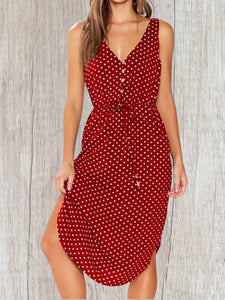 Red polka dot dress with front pockets