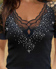 Load image into Gallery viewer, Black v-neck sparkly short sleeve top with sequins and lace
