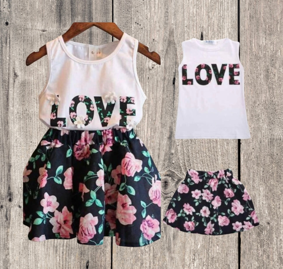 Girls 2 piece Love floral skirt set