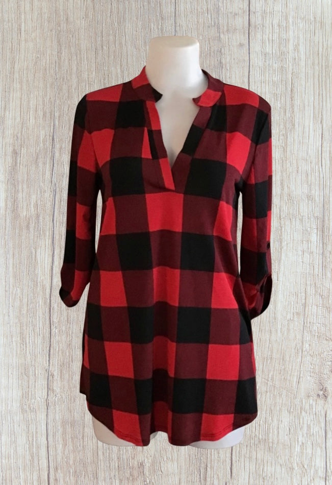 Red plaid collared V-neck blouse