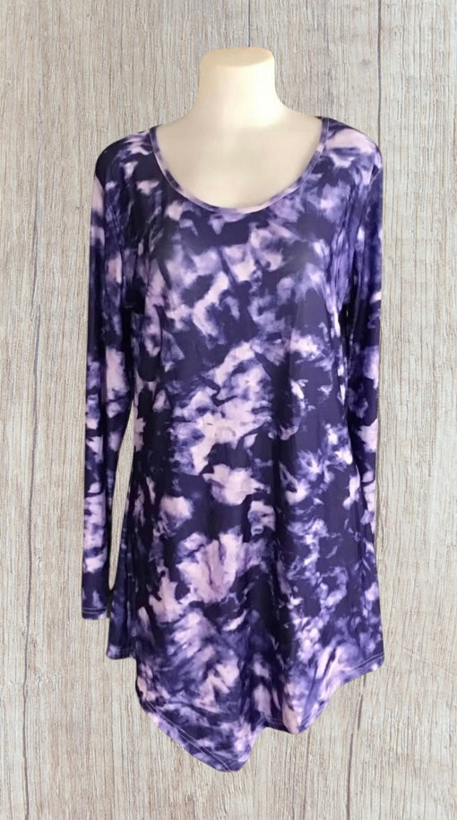 Patterned long sleeve dress with asymmetrical hem