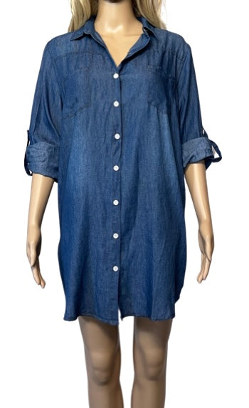 Lightweight denim button up shirt/dress with 4 pockets