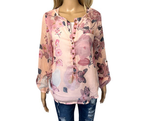 High/low chiffon button up floral blouse