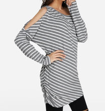 Load image into Gallery viewer, Striped cold shoulder, off one shoulder sweater
