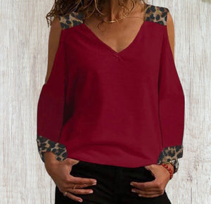 Cold shoulder long sleeve top with leopard print trim