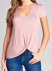 Short sleeve dusty rose top with cutout design and knot