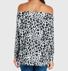 Grey leopard print off shoulder blouse