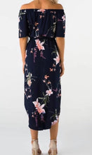 Load image into Gallery viewer, Off shoulder navy floral dress
