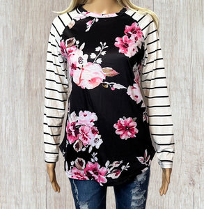 Floral striped long sleeve top with elbow patches