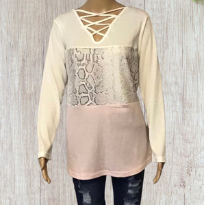 Criss cross white snakeskin print and pink color block top