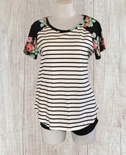 Load image into Gallery viewer, Black striped floral tee
