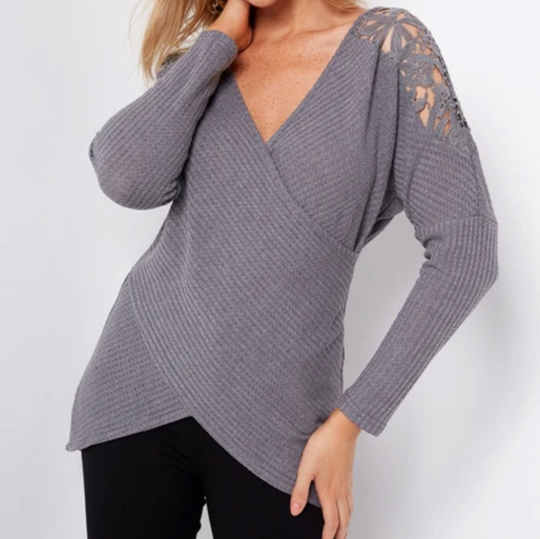Grey crossed front design waffle long sleeve top