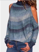 Load image into Gallery viewer, Blue striped high neck cold shoulder long sleeve top
