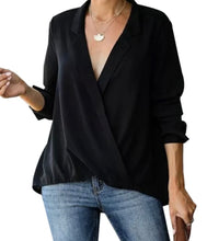 Load image into Gallery viewer, Black wrap design long sleeve blouse with collar
