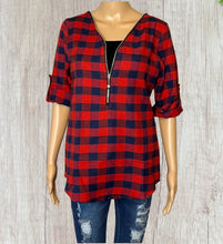 Load image into Gallery viewer, Red plaid shirt with 1/2 zipper
