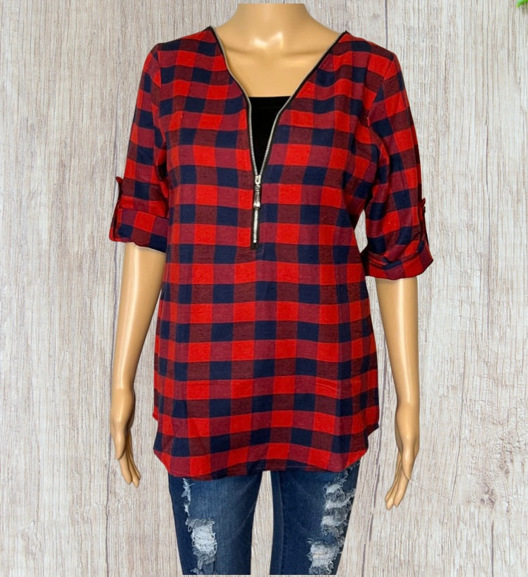 Red plaid shirt with 1/2 zipper