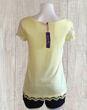 Load image into Gallery viewer, Pale yellow v-neck tee with lace trim
