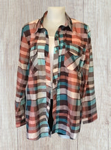 Load image into Gallery viewer, Ladies multi-color plaid button up shirt.
