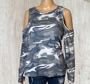 Grey camouflage cold shoulder long sleeve top