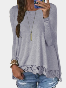 High/low loose fitting top with crochet trim
