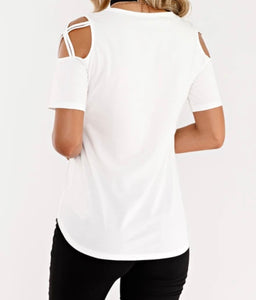 Short sleeve top with criss cross sleeve