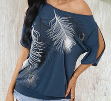 Load image into Gallery viewer, Blue feather print cold shoulder top
