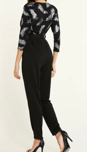 Black deep v-neck crossed front design jumpsuit with belt