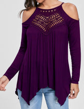 Load image into Gallery viewer, Cold shoulder handkerchief style top with crochet front
