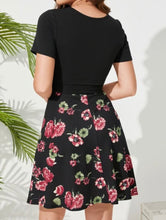 Load image into Gallery viewer, Black floral crew neck mini dress
