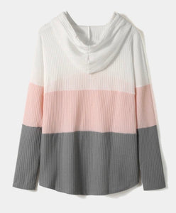 Pink color block waffle knit hoodie